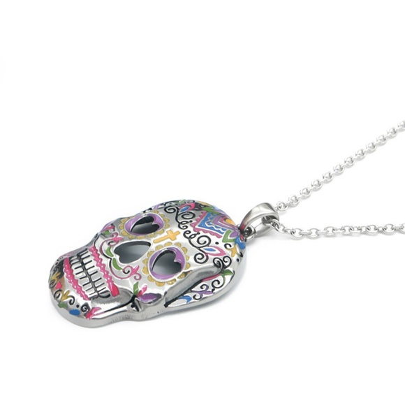 Sugar Skull Heart Eyes Day of the Dead Necklace - Picture 3 of 6